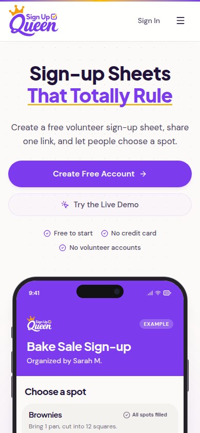 Sign Up Queen mobile interface